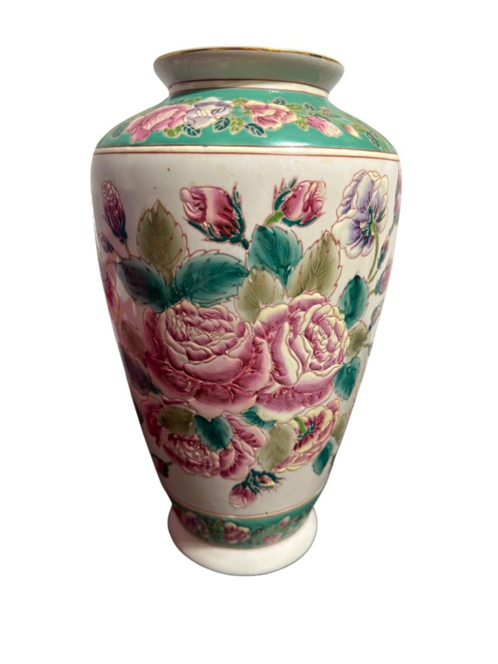 Vintage Hand Painted Porcelain Vase Raised Flowers Roses 12" Tall Estate Floral